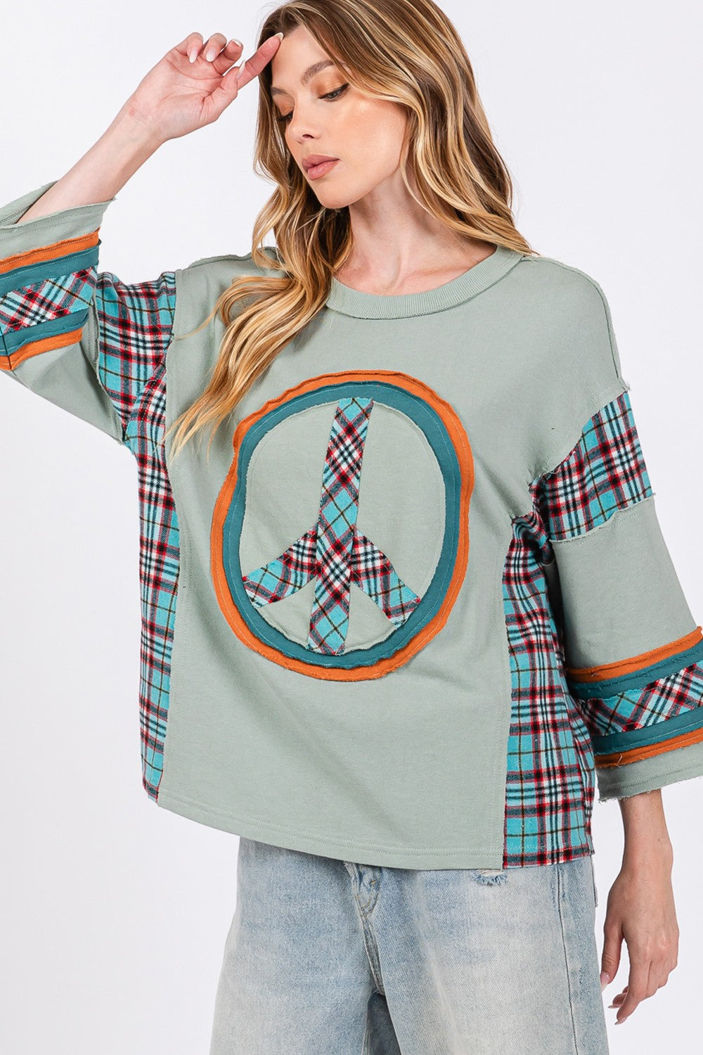 Peace Applique Patch with Plaid Contrast Top βοΈπ