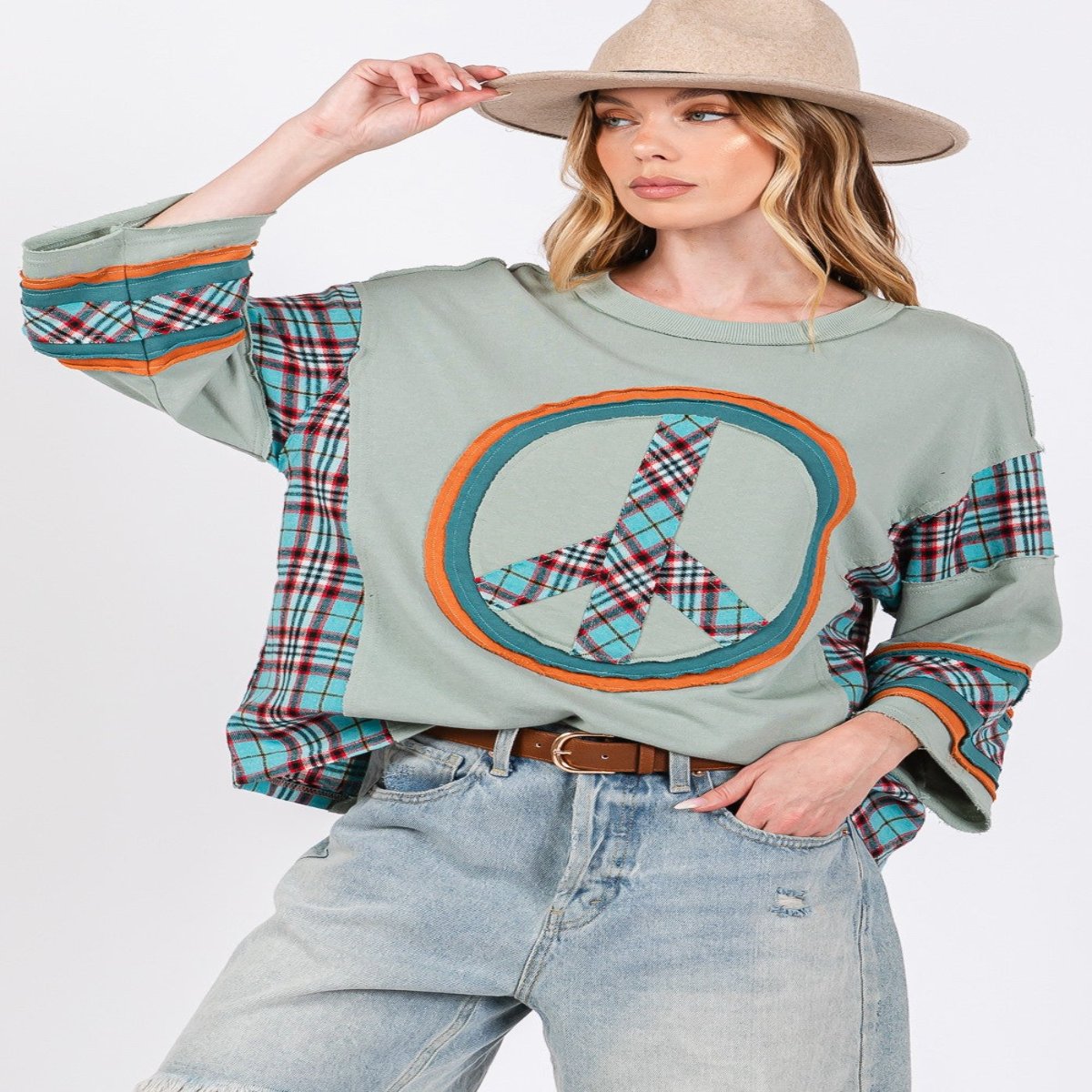 Peace Applique Patch with Plaid Contrast Top βοΈπ