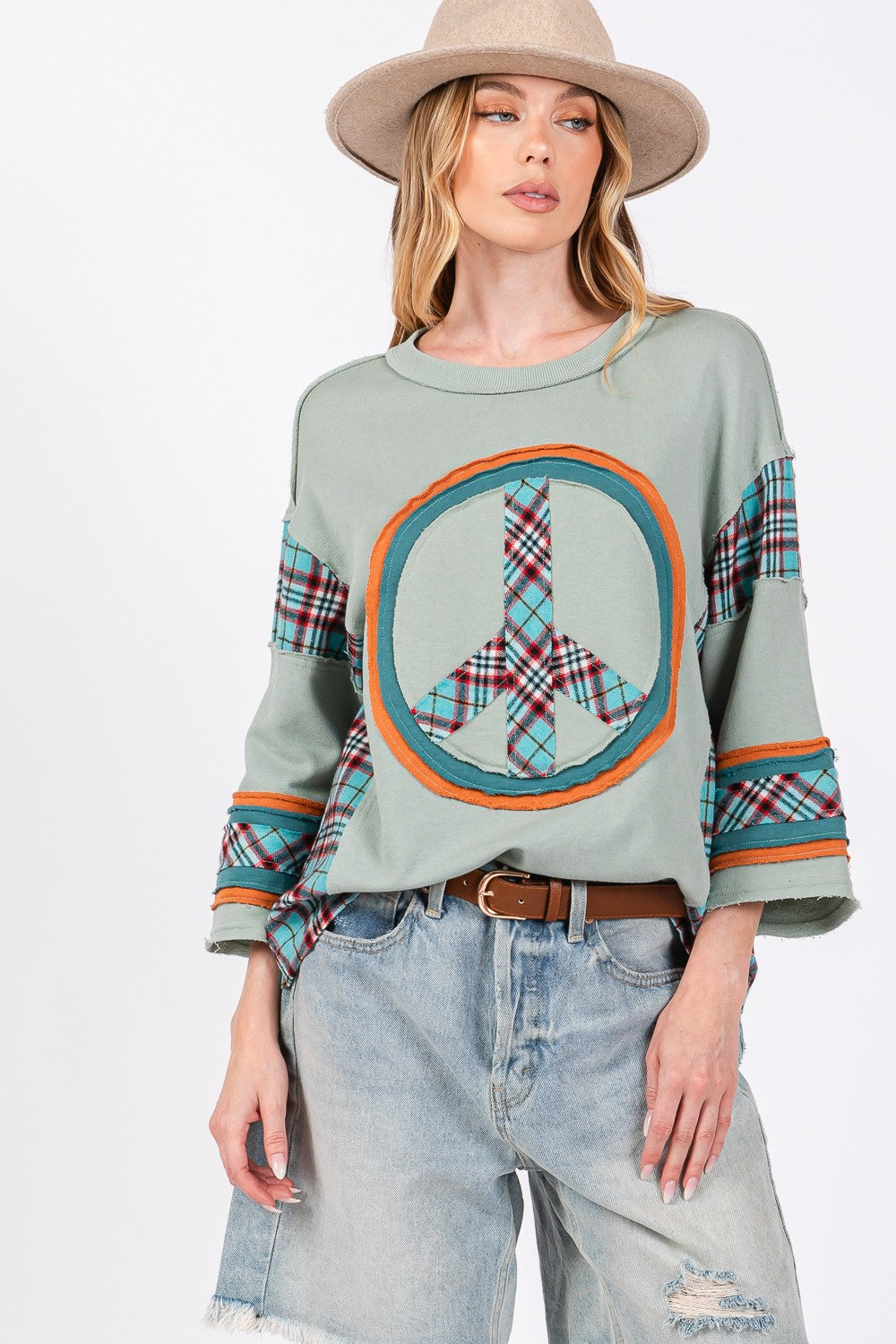 Peace Applique Patch with Plaid Contrast Top βοΈπ