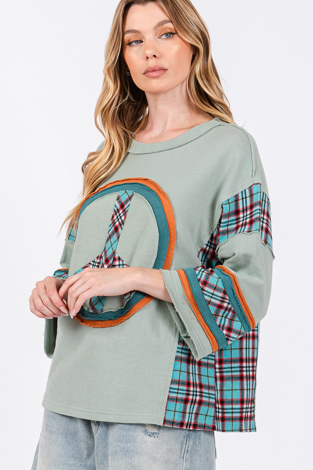 Peace Applique Patch with Plaid Contrast Top βοΈπ