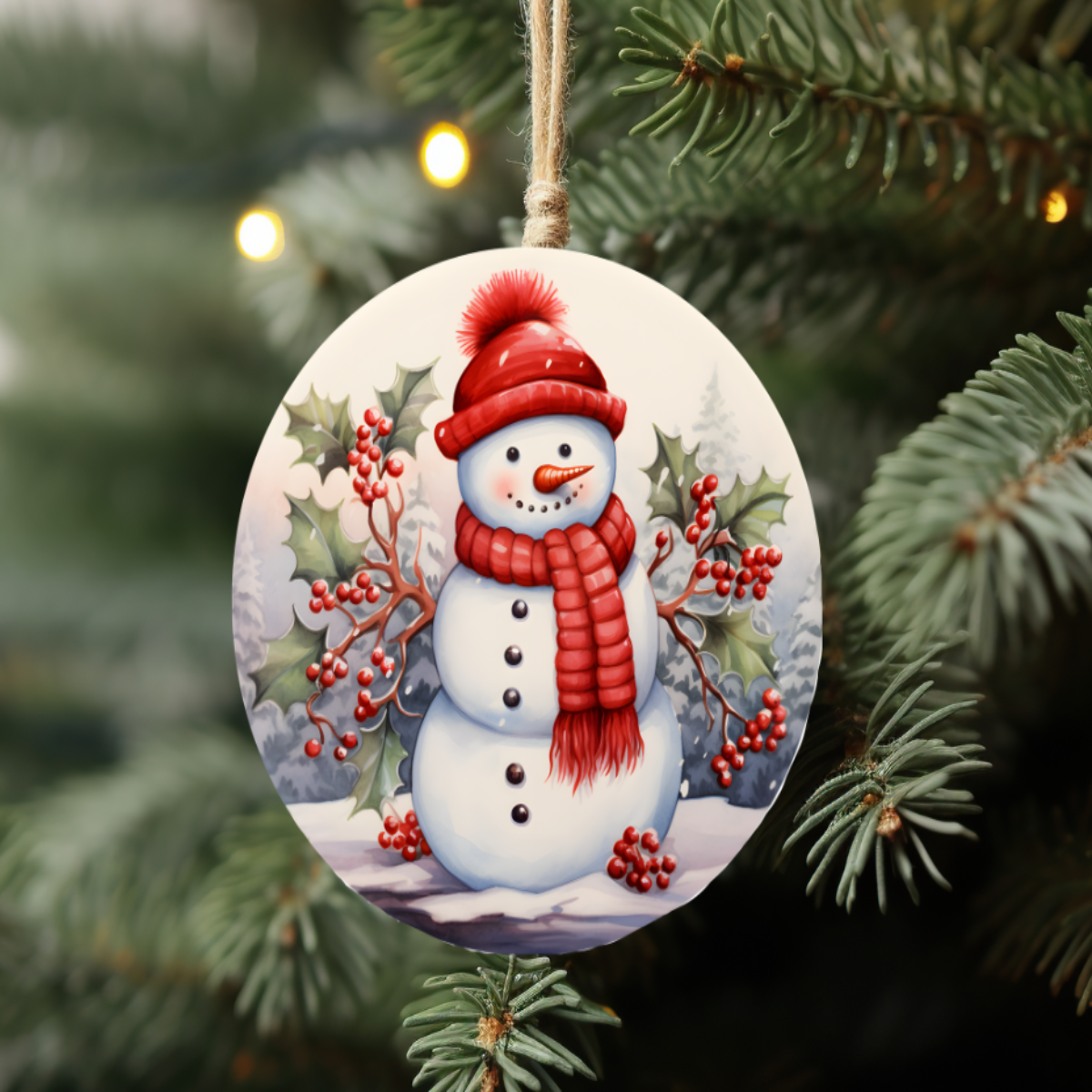 Snowman Sitting with Berries Ornament β Ceramic βπ