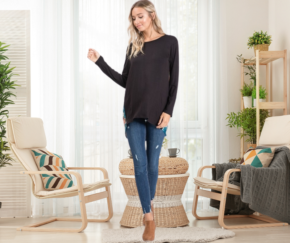 SOLID AND FLORAL TOP WITH CRISSCROSS BACK-BLACK/RED FLORAL
