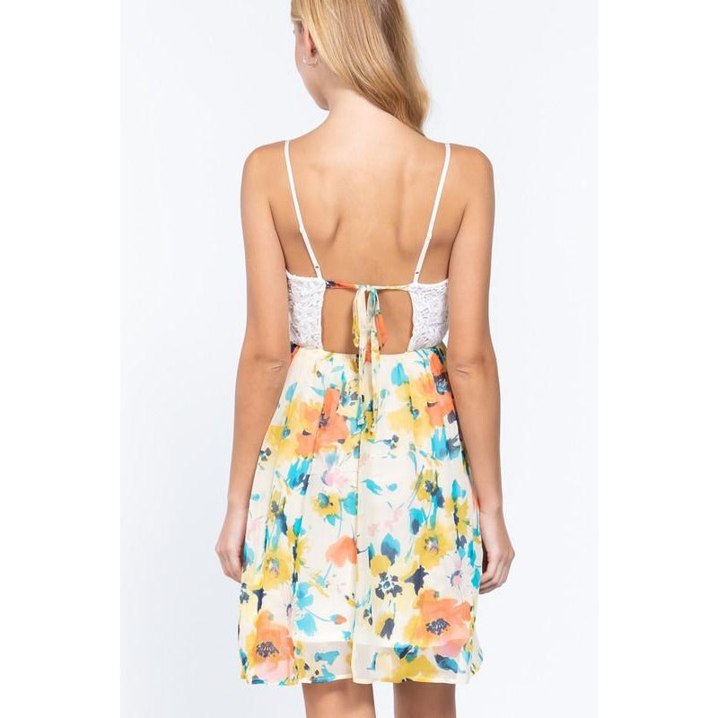 V-NECK FLORAL PRINT MINI DRESS-YELLOW/ORANGE FLORAL