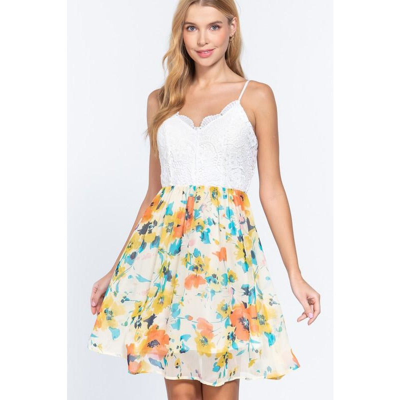 V-NECK FLORAL PRINT MINI DRESS-YELLOW/ORANGE FLORAL