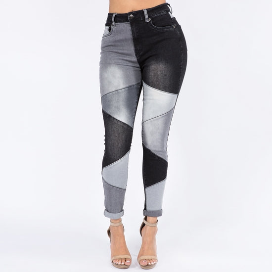 COLOR BLOCK TRIM HIGH WAIST SKINNY JEANS- BLACK