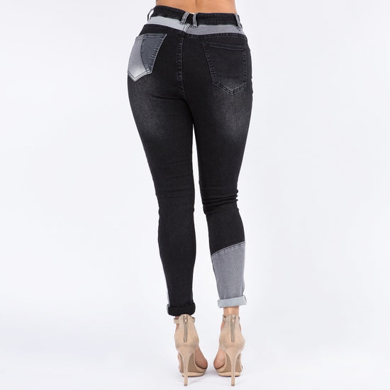 COLOR BLOCK TRIM HIGH WAIST SKINNY JEANS- BLACK