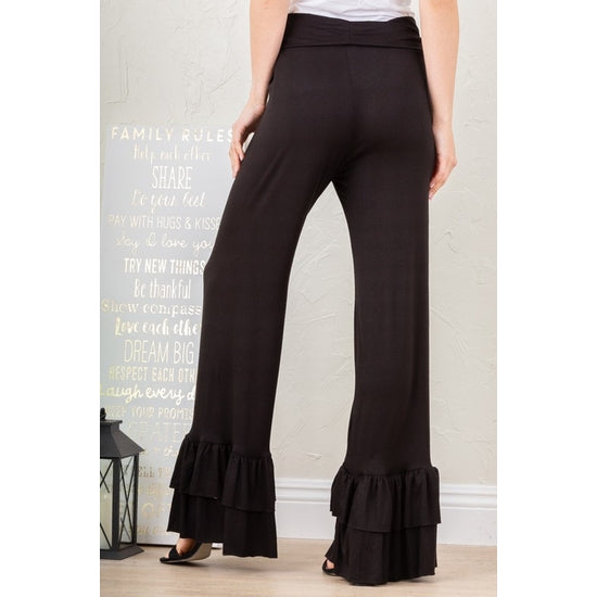 FOLD OVER WIDE LEG SOLID RUFFLED PANTS-BLACK