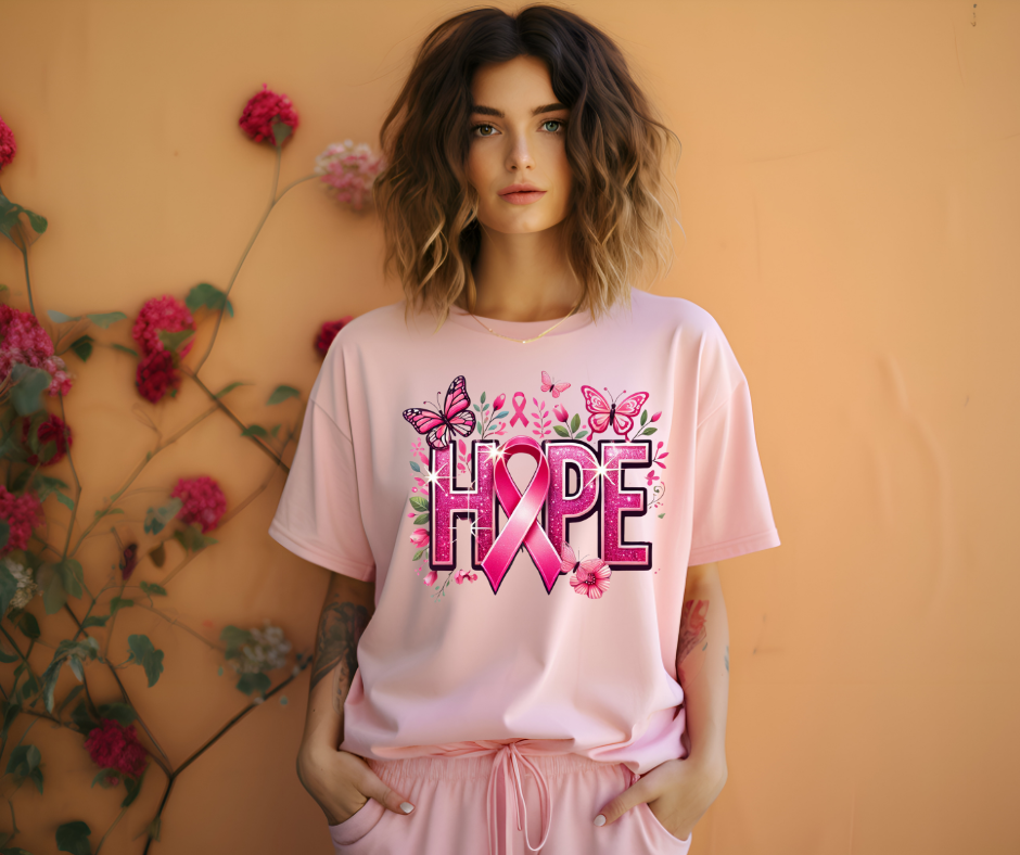 Hope with Butterflies Breast Cancer Awareness T-Shirt 🎀🦋✨