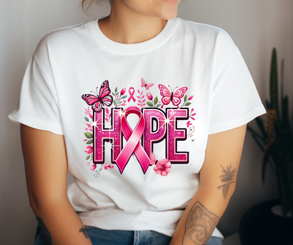 Hope with Butterflies Breast Cancer Awareness T-Shirt 🎀🦋✨