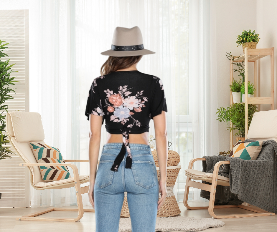 BLACK FLORAL FRONT TIE CROP TOP- BLACK FLORAL