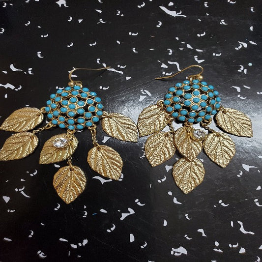 Beaded Button Gold Leaf Earring-Turquois