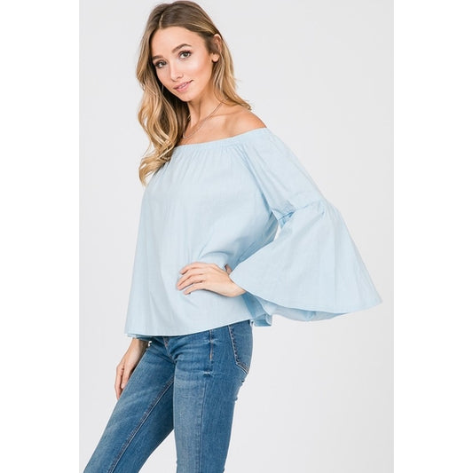 LONG BELL SLEEVE OFF SHOULDER SOLID TOP-BLUE