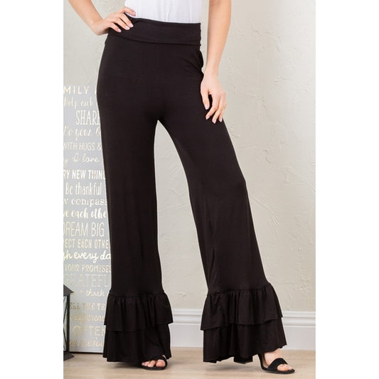 FOLD OVER WIDE LEG SOLID RUFFLED PANTS-BLACK