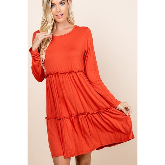 PLUS SOLID DRESS WITH RUFFLED DETAIL-RUST