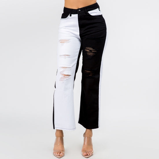 COLOR PATCHED DISTRESSED STRAIGHT JEANS- BLACK/WHITE