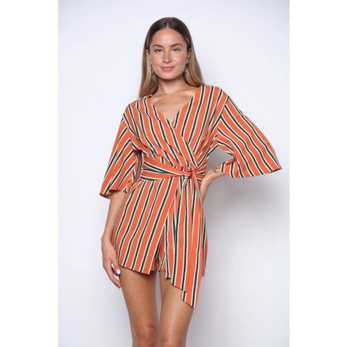 APRICOT HUNTER GREEN STRIPES ROMPER-APRICOT/HUNTER GREEN - Havens Southern Belle Boutique