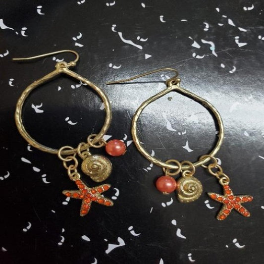 Starfish and Bead Dangle Hoop Earring- Gold