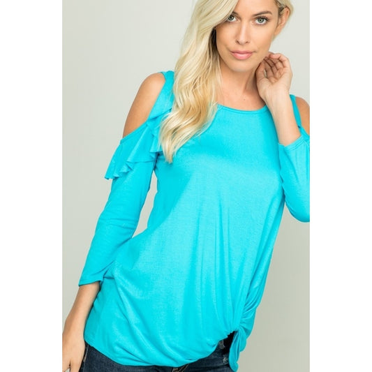 RUFFLED COLD SHOULDER SOLID TOP WITH TWIST KNOT-BLUE