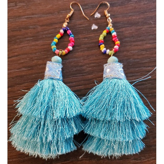 Bead Down 3-Tiered Tassel Earring-Turquois